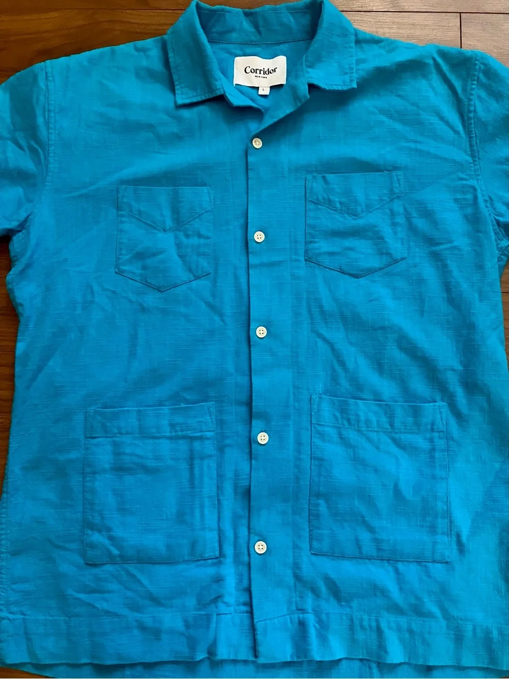 Corridor Four Pocket Short Sleeve Blue Slub Shirt Large